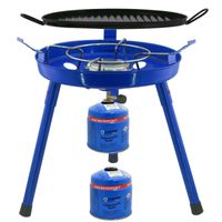 Camping gasgrill/grillplaat 3-in-1 blauw incl. 2x gas navulling schroefventiel 500 gram