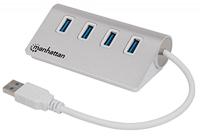 Manhattan USB-A 4-poorts hub, 4x USB-A-poorten, 5 Gbps (USB 3.2 Gen1 oftewel USB 3.0), Bus aangedreven, Snel opladen tot 0.9A, SuperSpeed USB, aluminium behuizing, Windows en Mac, Zilver, 3 jaar garantie