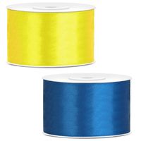 Sierlinten/cadeaulinten/satijnen linten - Set 2x stuks - geel en blauw - 38 mm x 25 meter - thumbnail