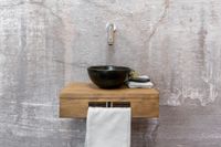 Saniclear Seba fonteinset met bruin eiken plank, zwarte waskom en chromen kraan voor in het toilet - thumbnail