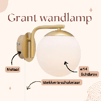 Wandlamp opaal glas Nordlux 'Grant' messing E14 fitting 145mm - thumbnail