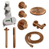 Regendoucheset Inbouw Brauer Copper Carving Thermostatisch 20 cm met Plafondarm en Handdouche Staaf Losse Stopkranen Geborsteld Koper Brauer