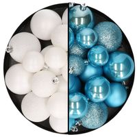 Kerstballen 60x stuks - mix wit/ijsblauw - 4-5-6 cm - kunststof