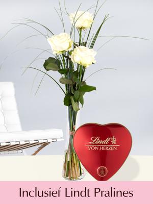 Drie witte rozen inclusief glasvaas en Lindt hart Drie witte rozen inclusief glasvaas en Lindt hart