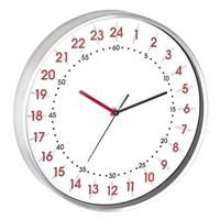 TFA Dostmann analoge wandklok 24 uurs weergave, 60.3069.02, met rode uur- en zwarte minuutcijfers, aluminium frame, glazen kap, wit