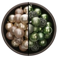 74x stuks kunststof kerstballen mix van champagne en salie groen 6 cm