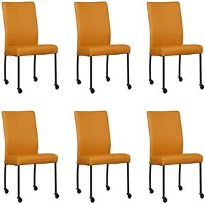 Set van 6 Gele leren moderne eetkamerstoelen Comfort - poot rond zwart met wiel - Toledo Leer Leem (geel leer)