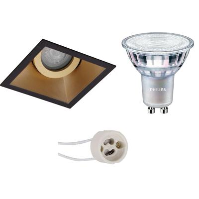 LED Spot Set - Pragmi Zano Pro - GU10 Fitting - Inbouw Vierkant - Mat Zwart/Goud - Kantelbaar - 93mm - Philips - MASTER 927 36D VLE - 3.7W - Warm Wit 2200K-2700K - DimTone Dimbaar