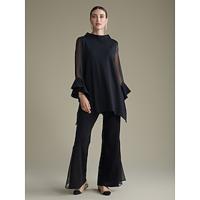 luxe hooggesloten ruffle blouse met lange mouwen en lange broek met uitlopende pijpen, tweedelige set - thumbnail