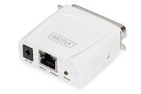 DIGITUS Fast Ethernet Printserver met parallelle poort, 1x RJ45, 1x DB-36-pin male, printerserver, DHCP compatibel, TCP/IP, eenvoudige installatie, incl. voeding, wit