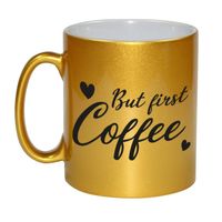 But first coffee gouden cadeau mok / beker met hartjes 330 ml   -