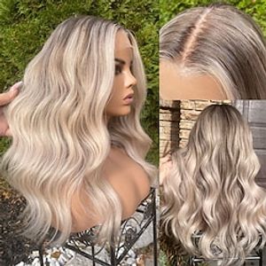 platina asblonde lace front menselijk haar pruiken 13x4 lace frontale pruik donkerblonde wortels pre geplukt 130%/150%/180% dichtheid lange golvende pruik voor vrouwen Lightinthebox