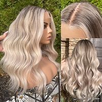 platina asblonde lace front menselijk haar pruiken 13x4 lace frontale pruik donkerblonde wortels pre geplukt 130%/150%/180% dichtheid lange golvende pruik voor vrouwen Lightinthebox - thumbnail