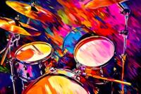 adrium Acryl afbeelding 80 x 50 cm: afbeelding van een drums op kleurrijke achtergrond met verfspatten. Generatieve KI. (203131798)