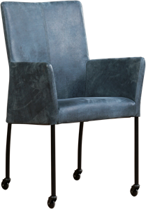 Blauwe leren moderne eetkamerstoel Comfort - poot rond zwart met wiel - Kenia Leer Denim (blauw leer)