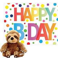 Pluche dieren knuffel luiaard 14 cm met Happy Birthday wenskaart