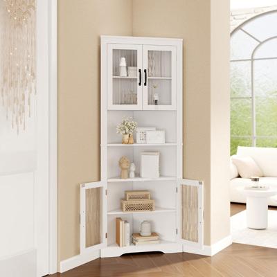 Keukenkast Smalle Hoekkast met 4 Glazen Deuren en 6 Planken 171 cm Hoog Driehoekige Buffetkast Wit