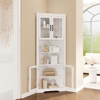 Keukenkast Smalle Hoekkast met 4 Glazen Deuren en 6 Planken 171 cm Hoog Driehoekige Buffetkast Wit