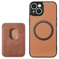 iPhone 15 Plus Magnetic Case with Card Holder - Carbon Fiber - Brown - thumbnail