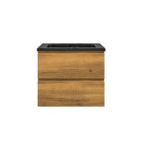 Badkamermeubel Callisto Diamond Hangend 60x50x48cm Mat Eiken 2 Lades Softclose Greeploos Kwartsteen Wastafel Zonder Kraangat Overloop