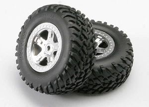 Traxxas Tires & wheels, assembled, glued (sct, satin chrome wheels (dual profile 2.2" outer 3.0" inner), sct off-road racing tires, foam inserts) (...