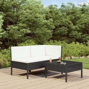 3-delige Loungeset met kussens poly rattan zwart