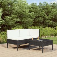 3-delige Loungeset met kussens poly rattan zwart - thumbnail