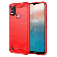 Nokia C21 Plus Geborsteld TPU Hoesje - Koolstofvezel - Rood