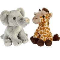 Safari dieren serie pluche knuffels 2x stuks - Olifant en Giraffe van 15 cm - thumbnail