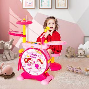 Kinderen Elektronische Drum & Toetsenbord Set 2-in-1 Rol Jazz Drum Kit met Kruk Microfoon MP3 Opnemen & Spelen LED-verlichting Roze