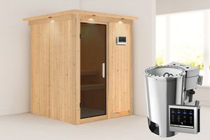 Karibu | Minja Sauna met Dakkraag | Antracietglas | Biokachel 3,6 kW Externe Bediening