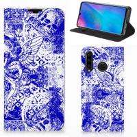 Mobiel BookCase Huawei P30 Lite New Edition Angel Skull Blauw