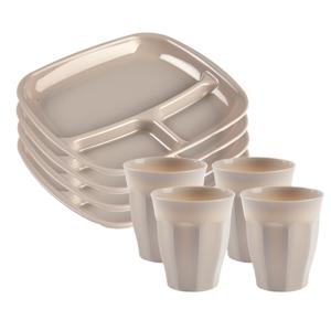 Servies van kunststof - 4x vakjesborden en 4x drinkbekers - beige