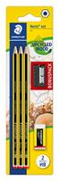STAEDTLER Potloden Noris, HB, zeskant, set van 3 ongelooflijk onbreekbare potloden, 1 puntenslijper, 1 gum, hoge kwaliteit, Made in Germany, 120 SBK3P1
