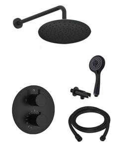 Saniclear Nero inbouwregendouche 30cm rond met wandarm en 3 standen handdouche zwart mat