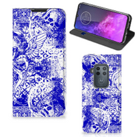 Mobiel BookCase Motorola One Zoom Angel Skull Blauw