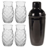 4x Cocktailglazen / Pina Colada glazen transparant 500 ml + Cocktailshaker zwart 500 ml RVS