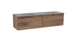 Balmani Forma zwevend badmeubel 180 x 55 cm amerikaans notenhout met Tablo Arcato dubbele wastafel in solid surface steengrijs, Horizontale symmetrische rechte ribbel