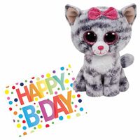 Pluche knuffel kat/poes Ty Beanie Kiki 15 cm met A5-size Happy Birthday wenskaart - thumbnail