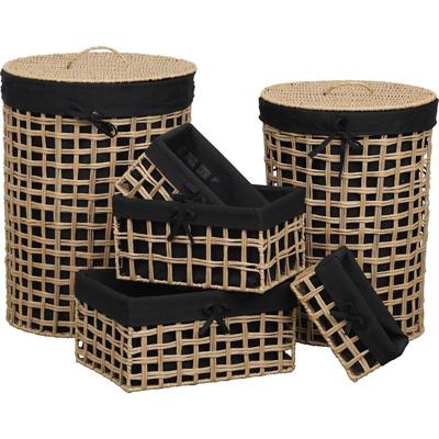 6 Delige Set van Gewoven Riet/Papier Open Opbergmanden - 6 stuks - Naturel/Zwart- Afgewerkt met zwart linnen - Opbermand - Wasmand - Maten hxbxl 1)60x45x45cm 2)55x40x40cm 3)20x40x28cm 4)18x25x23cm 5)15x30x18cm 6)12x25x13cm 6 Delige Set van Gewoven Riet/Papier Open Opbergmanden - 6 stuks - Naturel/Zwart- Afgewerkt met zwart linnen - Opbermand - Wasmand - Maten hxbxl 1)60x45x45cm 2)55x40x40cm 3)20x40x28cm 4)18x25x23cm 5)15x30x18cm 6)12x25x13cm