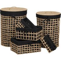 6 Delige Set van Gewoven Riet/Papier Open Opbergmanden - 6 stuks - Naturel/Zwart- Afgewerkt met zwart linnen - Opbermand - Wasmand - Maten hxbxl 1)60x45x45cm 2)55x40x40cm 3)20x40x28cm 4)18x25x23cm 5)15x30x18cm 6)12x25x13cm