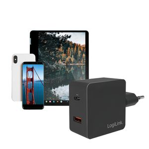 LogiLink PA0220 USB-oplader 18 W Binnen, Thuis Uitgangsstroom (max.) 3000 mA Aantal uitgangen: 2 x USB-C bus (Power Delivery), USB-A