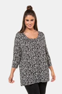 Ulla Popken shirt, gebloemd, hals aan de voorkant geplooid, 3/4-mouwen  - Grote Maten