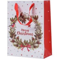 Kerst giftbag met kerstkrans opdruk 72 cm krans met vogel - thumbnail