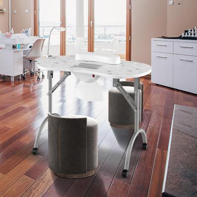 Opvouwbare Manicuretafel met Elektrische Stofafzuiger Flexibele Ledlamp Verwijderbare Polssteun Draagtas 4 Vergrendelbare Wielen Wit