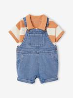 Babysetje met korte denim tuinbroek en gestreept poloshirt perzik