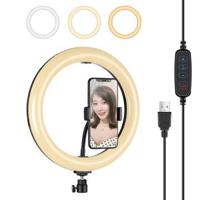 PULUZ PU397 10-inch 3-Modi Dimbare LED Ring Fotografie Video Licht met Mobiele Telefoon Clip voor Vloggen - Zwart - thumbnail