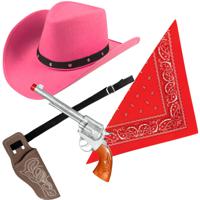 Carnaval verkleeds set cowboyhoed Billy - roze - rode hals zakdoek - holster met revolver - thumbnail