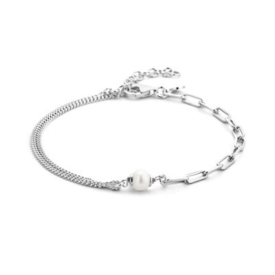 Armband Gourmet-Paperclip zilver-zoetwaterparel wit 16-19 cm Armband Gourmet-Paperclip zilver-zoetwaterparel wit 16-19 cm