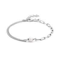 Armband Gourmet-Paperclip zilver-zoetwaterparel wit 16-19 cm